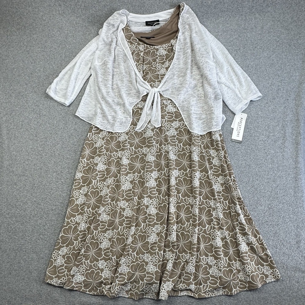 Perceptions New York 2 Piece Dress Set Womens 1X White & Taupe Floral Spring New